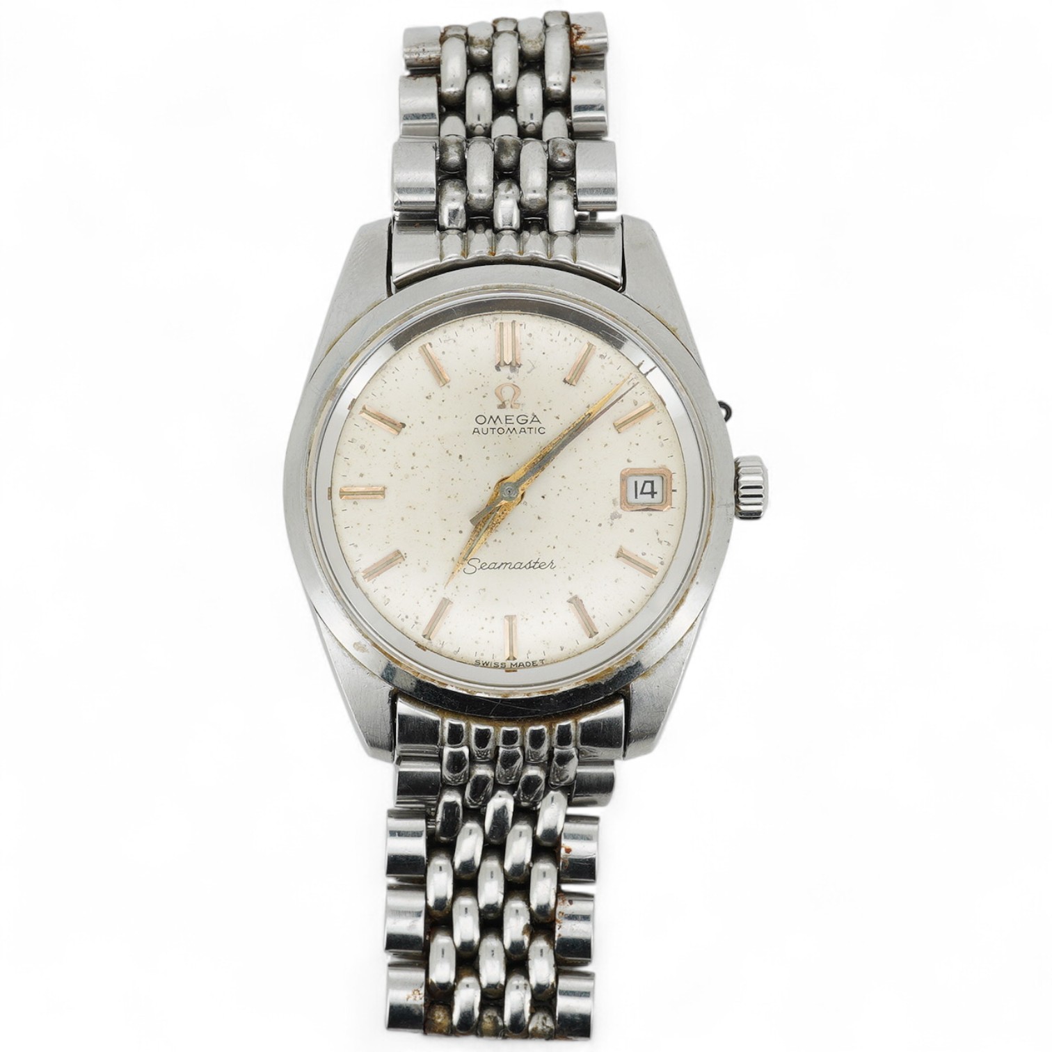 A gentleman's 1964 stainless steel Omega Seamaster Automatic wrist watch, with baton numerals and date aperture, movement 562, case diameter 35mm, on a stainless steel Omega bracelet, with Omega zip up pouch, no papers.